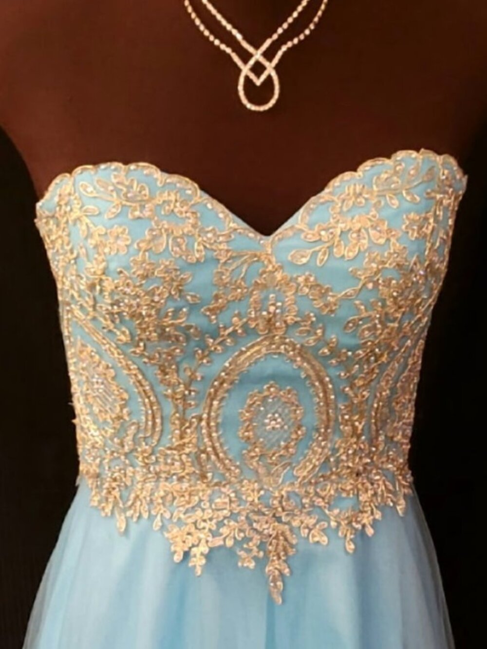 Strapless Tiffany Blue Prom Gown with Embellished Bodice